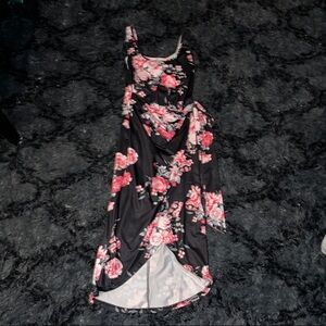 Elegant Black and Pink Chemise Dress with Floral Design
